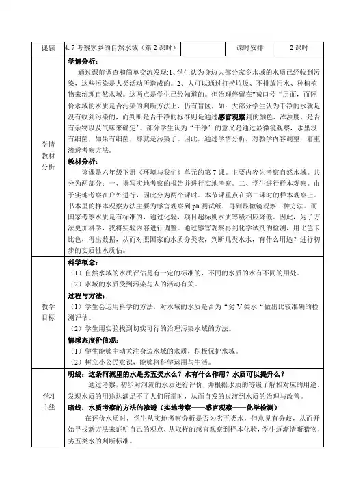 六年级下册科学教案与反思4.7考察家乡的自然水域教科版(1)
