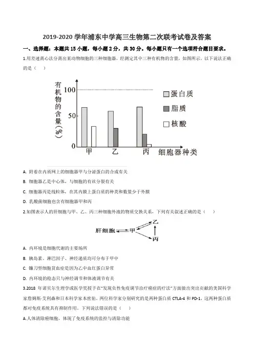 2019-2020学年浦东中学高三生物第二次联考试卷及答案