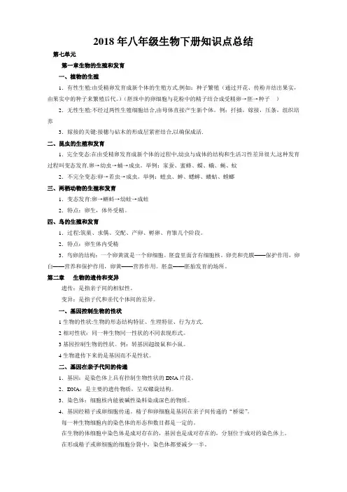 2018年八年级生物下册知识点总结