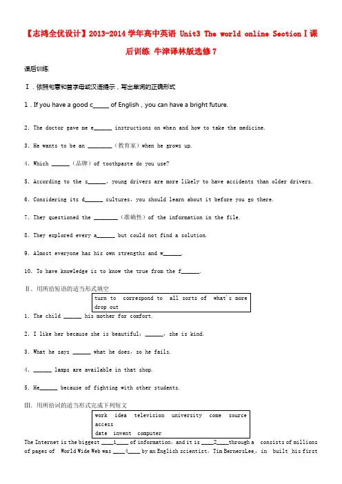 牛津译林版高中英语选修七Unit3TheworldonlineSectionⅠ课后练习