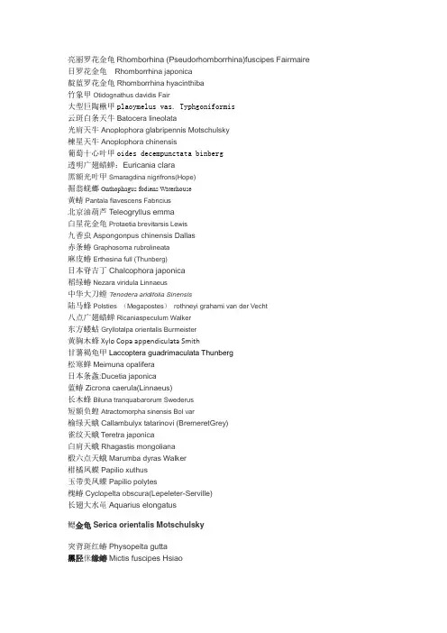 昆虫学实习昆虫名录拉丁文