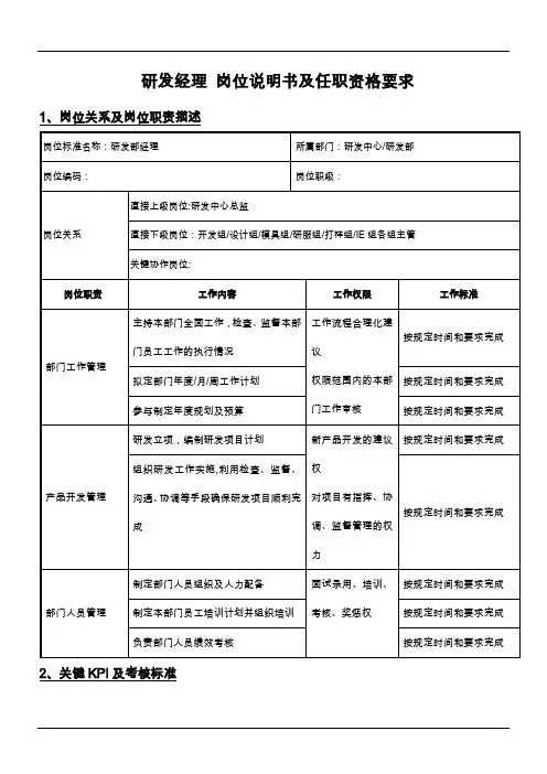 研发部经理岗位说明书