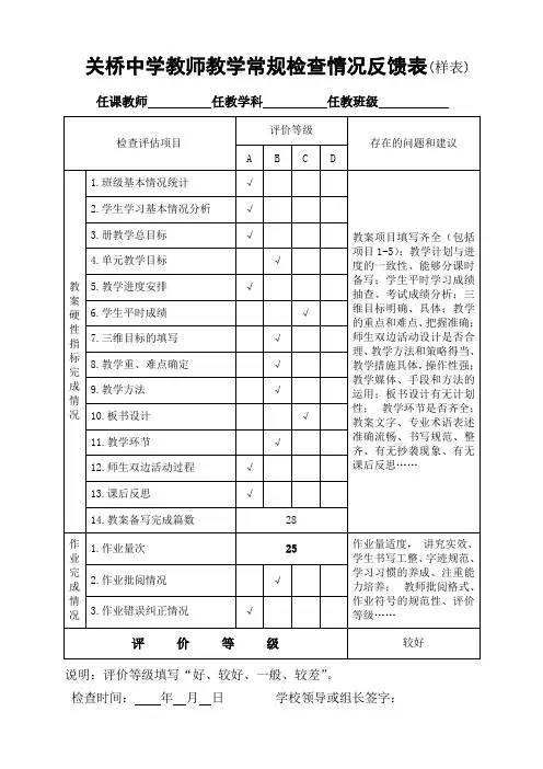 教学常规检查情况反馈表样表