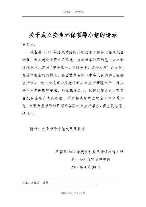 关于成立安全生产领导小组的请示2
