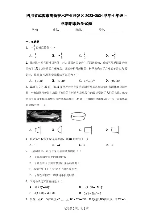 四川省成都市高新技术产业开发区2023-2024学年七年级上学期期末数学试题