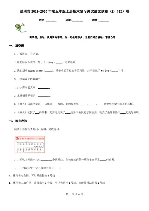 昆明市2019-2020年度五年级上册期末复习测试语文试卷 (2)(II)卷