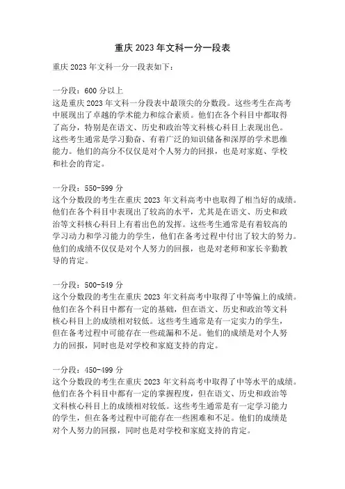重庆2023年文科一分一段表