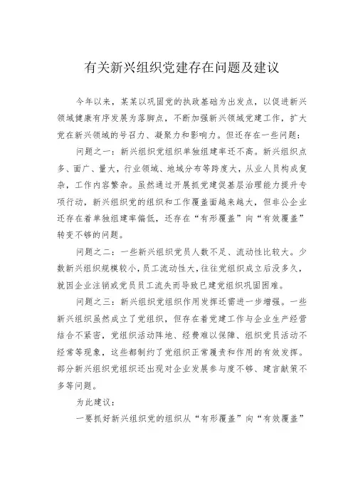 有关新兴组织党建存在问题及建议 
