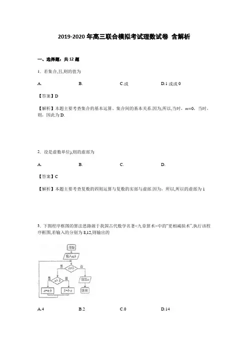 2019-2020年高三联合模拟考试理数试卷 含解析