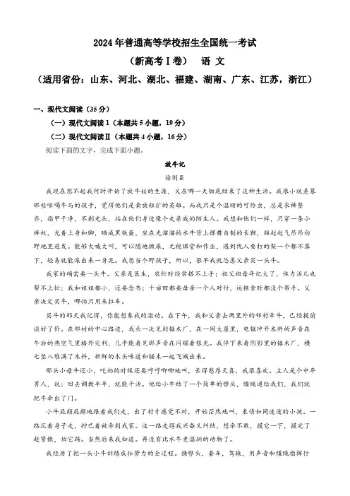 2024全国高考真题  新课标Ⅰ卷  纯Word版  语文+答案