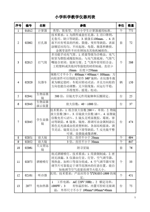 小学科学教学仪器列表