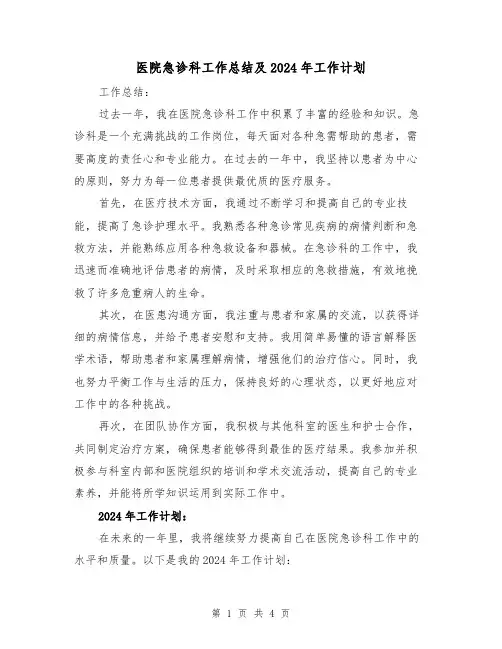 医院急诊科工作总结及2024年工作计划(二篇)