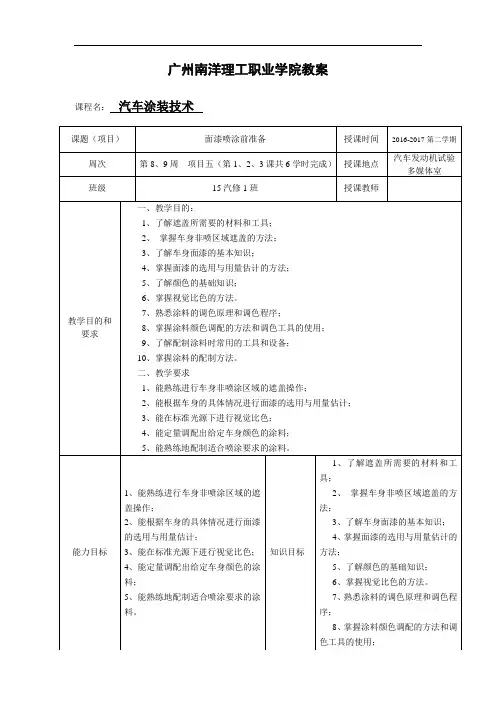 汽车涂装技术项目五面漆喷涂前准备(3课共6学时完成)