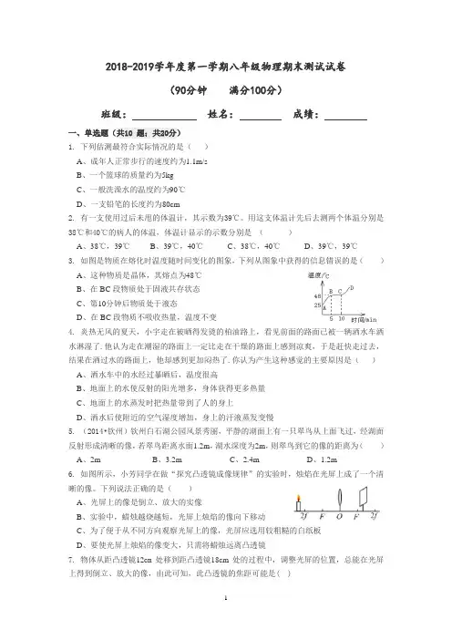 2018-2019学年度第一学期八年级物理期末测试试卷(2套)
