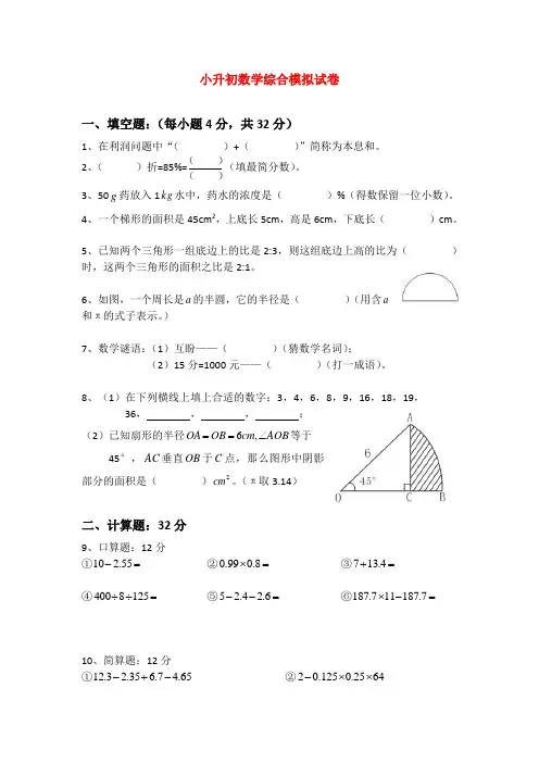 2020南京9新小升初数学综合测试卷及参考答案