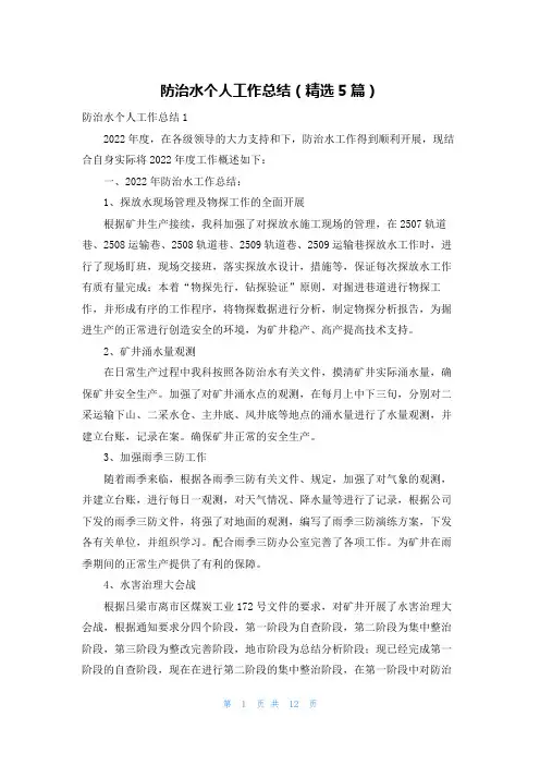 防治水个人工作总结（精选5篇）