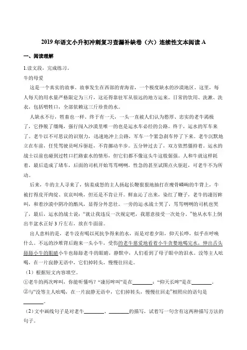 【人教课标版】六年级下册语文试题-2019年语文小升初冲刺复习查漏补缺卷(六)连续性文本阅读A(含解析)