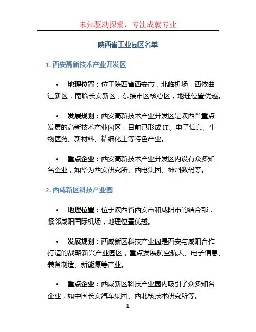 陕西省工业园区名单