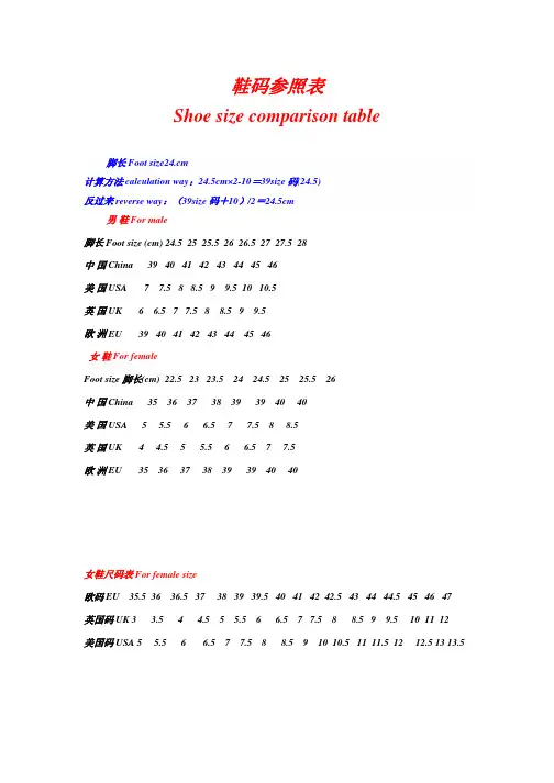 中英文国际鞋码对照表Chinese English Shoe size comparison table