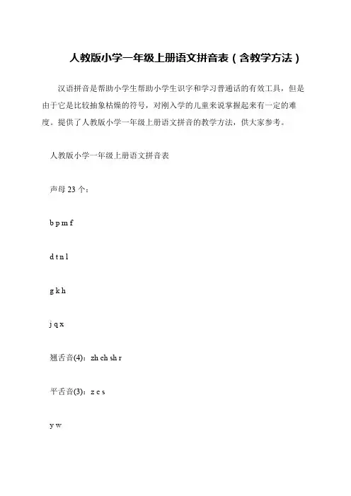 人教版小学一年级上册语文拼音表(含教学方法)