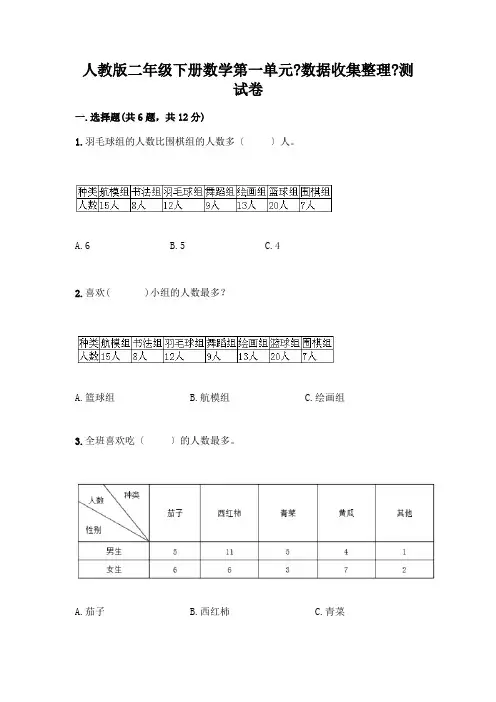 二年级下册数学第一单元《数据收集整理》测试卷及答案解析