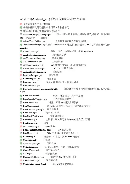 安卓2.1(Android_2.1)系统可卸载自带软件列表