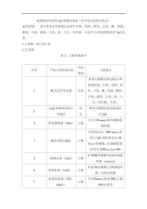 食物特异性抗体IgG检测试剂盒(化学发光免疫分析法)产品技术要求xinhualian
