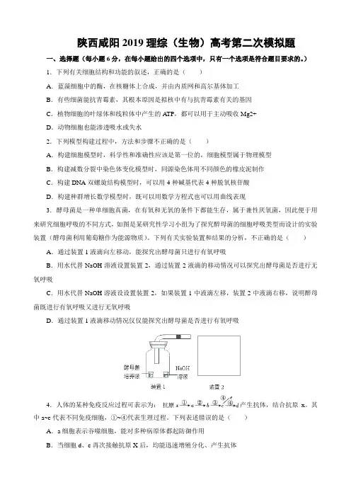 陕西咸阳2019理综(生物)高考第二次模拟题