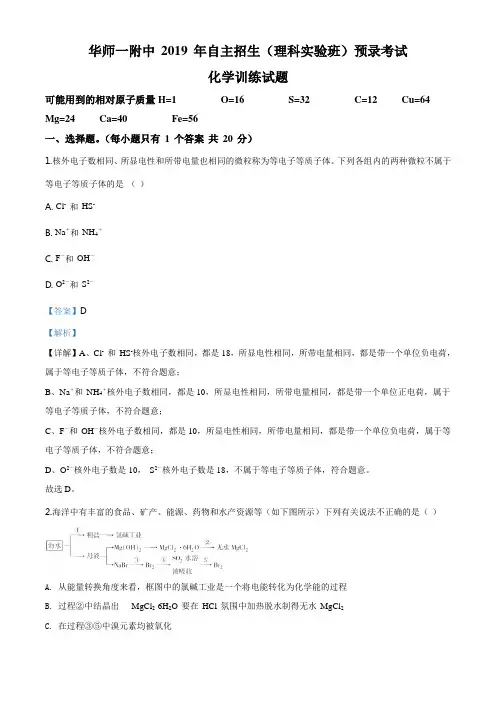 2019年湖北省武汉市洪山区华师一附中自主招生(理科实验班)预录考试模拟化学试题(解析版)