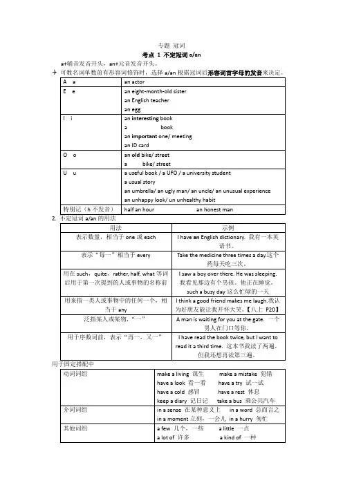 人教版2021年中考冠词知识点归纳