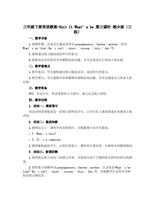 三年级下册英语教案-Unit 11 What's he 第三课时 湘少版(三起)