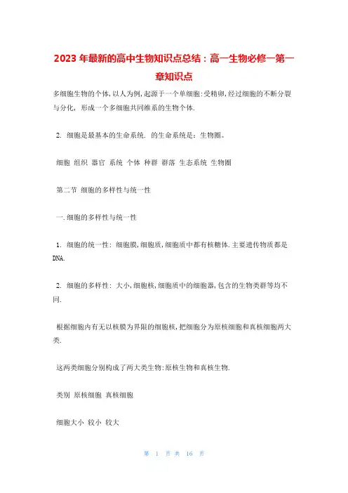 2023年最新的高中生物知识点总结：高一生物必修一第一章知识点
