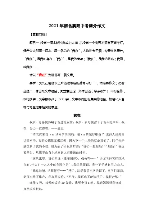 2021年湖北襄阳中考满分作文《我在》