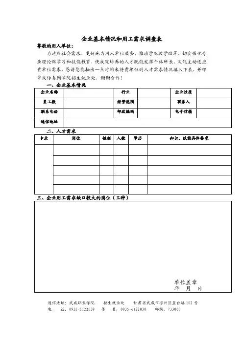 企业基本情况和用工需求调查表（用人单位填写）