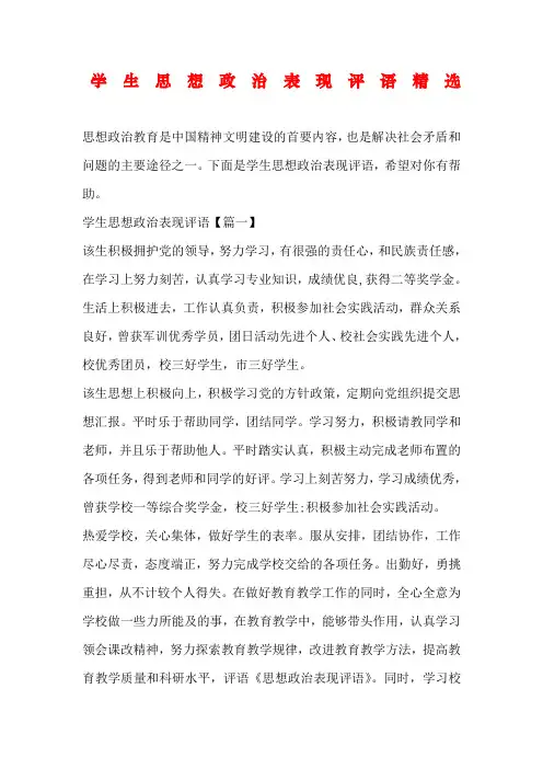 学生思想政治表现评语
