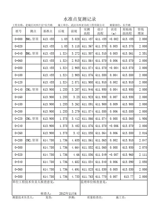 水准点测量复核记录
