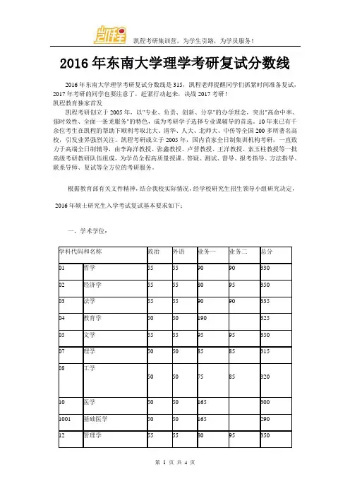 2016年东南大学理学考研复试分数线