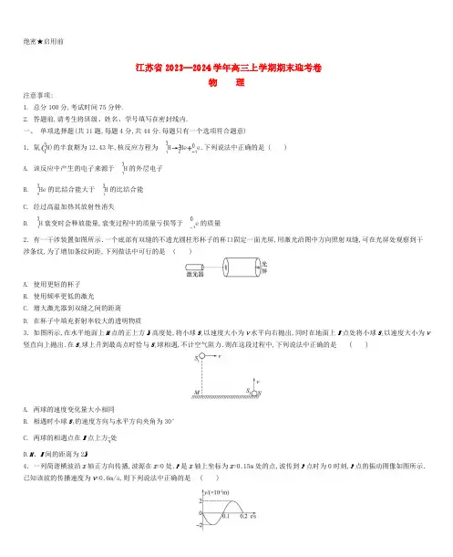 江苏省2023_2024学年高三物理上学期期末迎考卷含解析
