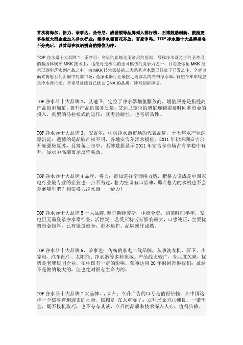 TOP净水器十大品牌排名