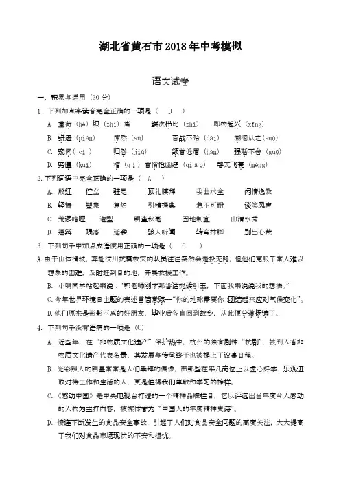 2020—2021年湖北省黄石市中考语文模拟试题及答案解析十三.docx