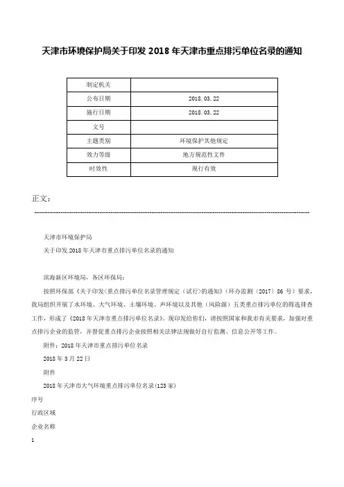 天津市环境保护局关于印发2018年天津市重点排污单位名录的通知-