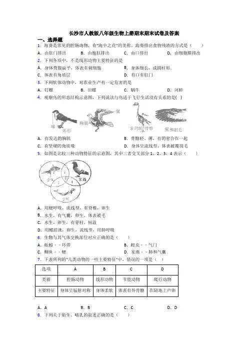 长沙市人教版八年级生物上册期末期末试卷及答案