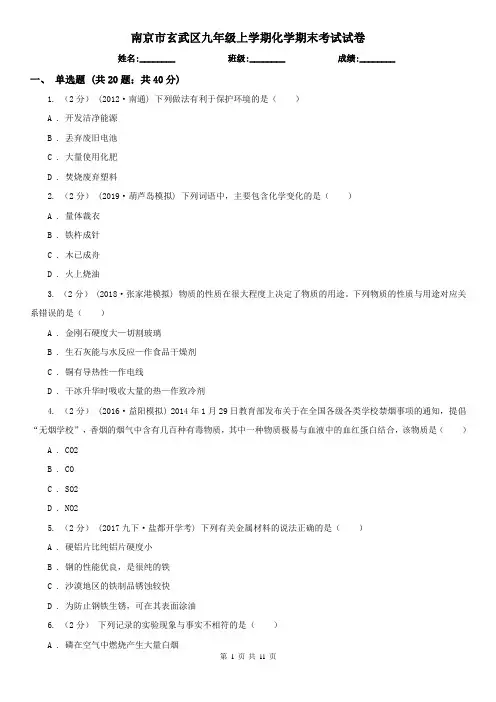 南京市玄武区九年级上学期化学期末考试试卷