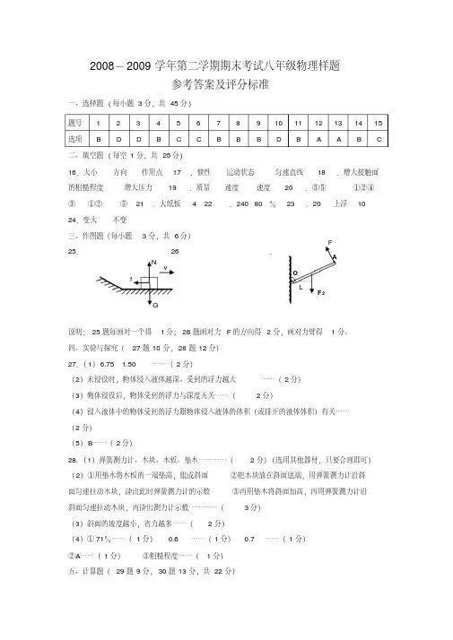 2008-2009学年第二学期期末考试初三年级物理试题参考答案及评分标准