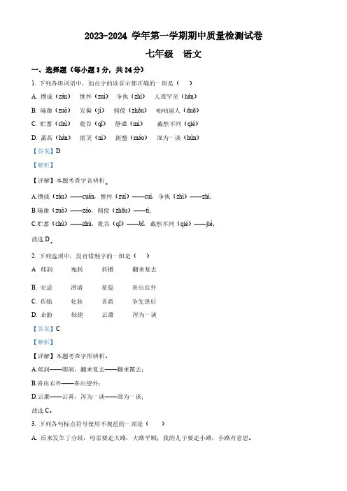 甘肃省武威市凉州区2023-2024学年七年级上学期期中语文试题(解析版)