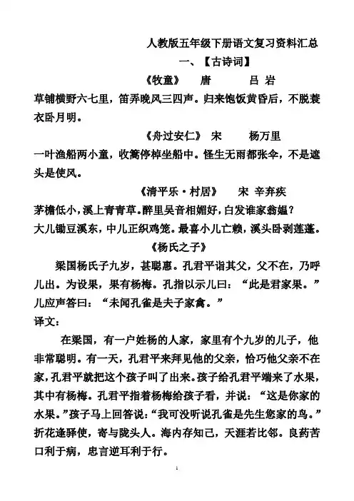 五年级下册语文期末复习资料汇总