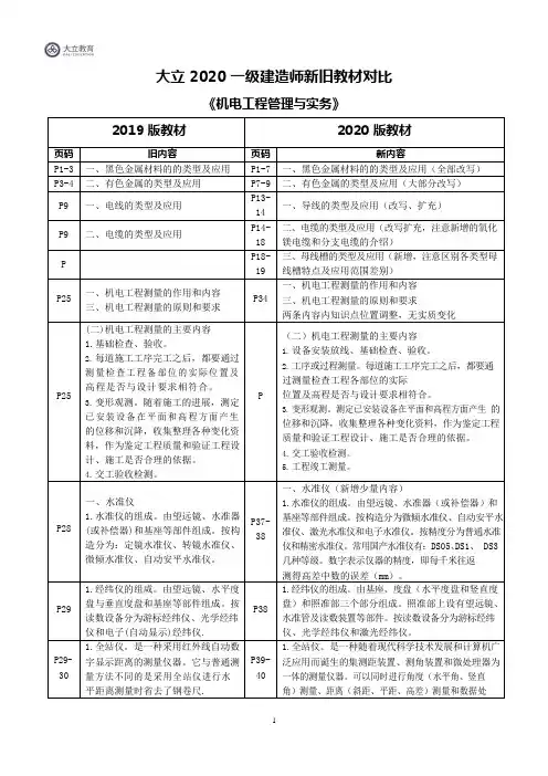 2020年一级建造师考试《机电实务》新旧教材对比