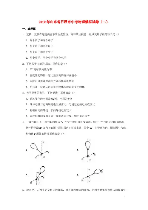 山东省日照市2019年中考物理模拟试卷二(含解析)