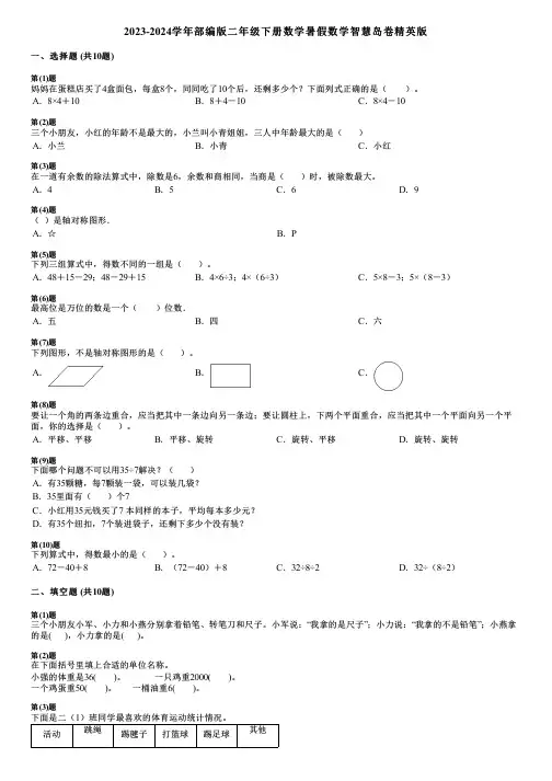 2023-2024学年部编版二年级下册数学暑假数学智慧岛卷精英版