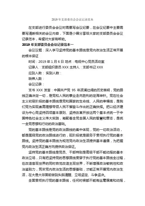 2019年支部委员会会议记录范本_会议纪要_